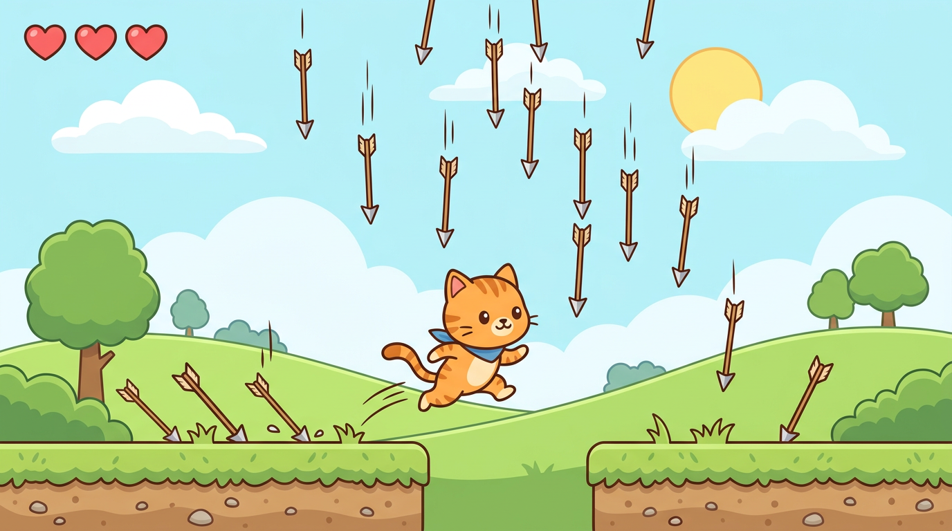 上から降る矢をよけながら猫を動かす様子(イメージ)