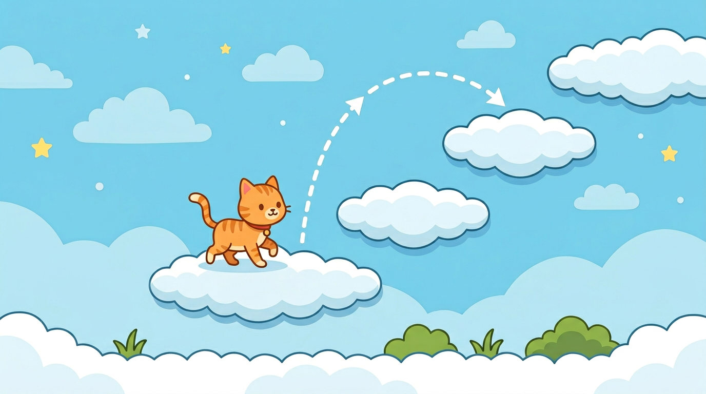 雲の足場を踏んでジャンプしながら登っていく様子（イメージ）