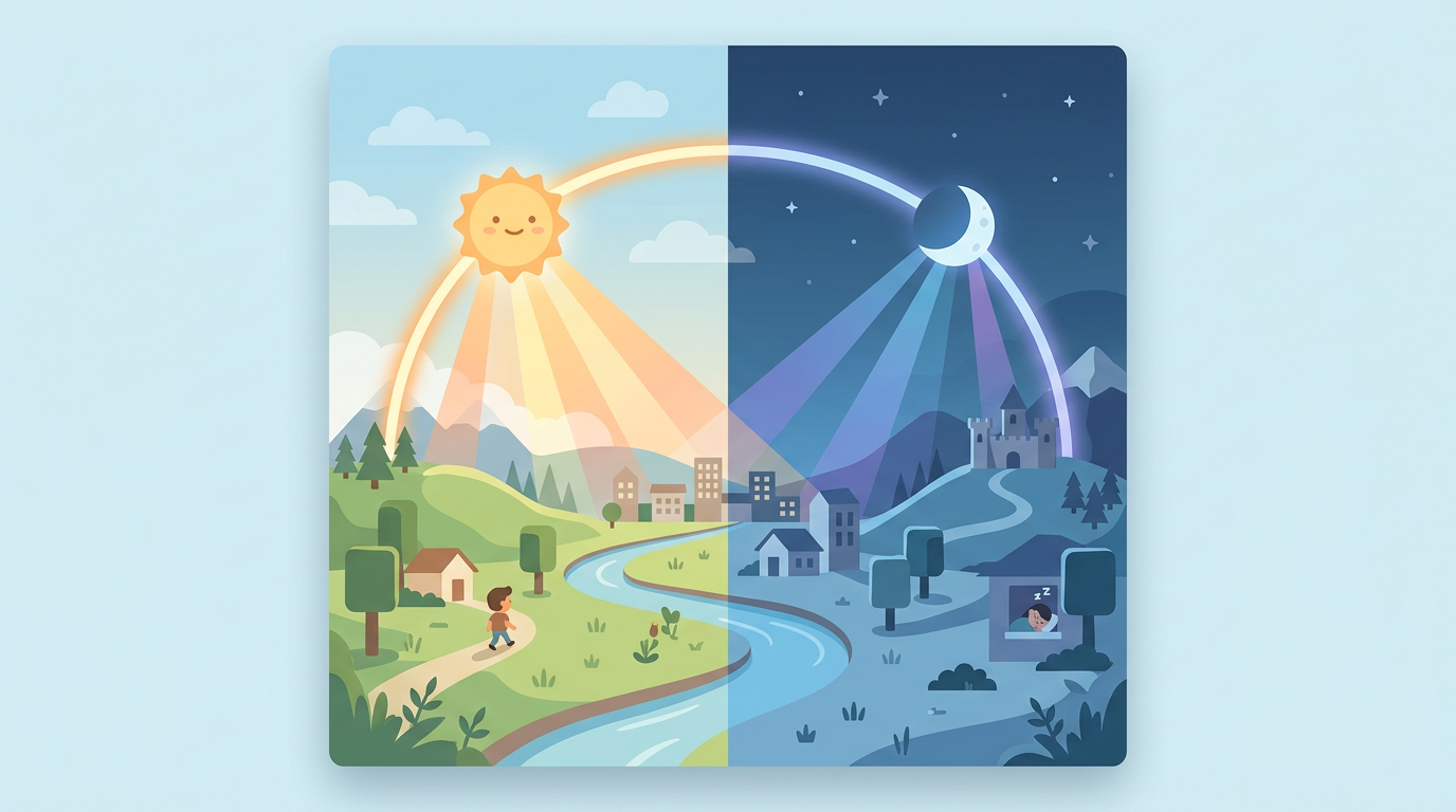 ゲーム内時間の進行と昼夜・平行光（ライト）のイメージ