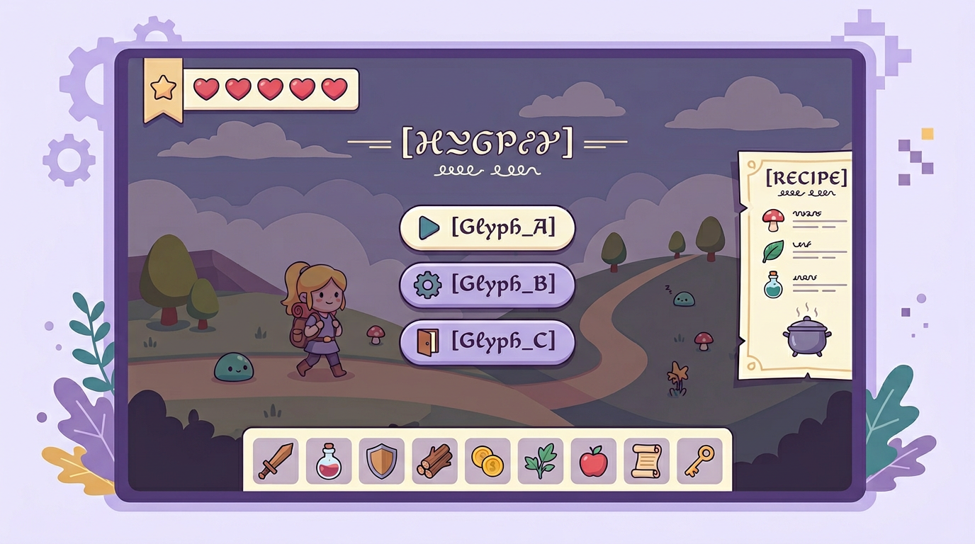 ポーズ・インベントリ・レシピ・ライフゲージが重なる UI のイメージ