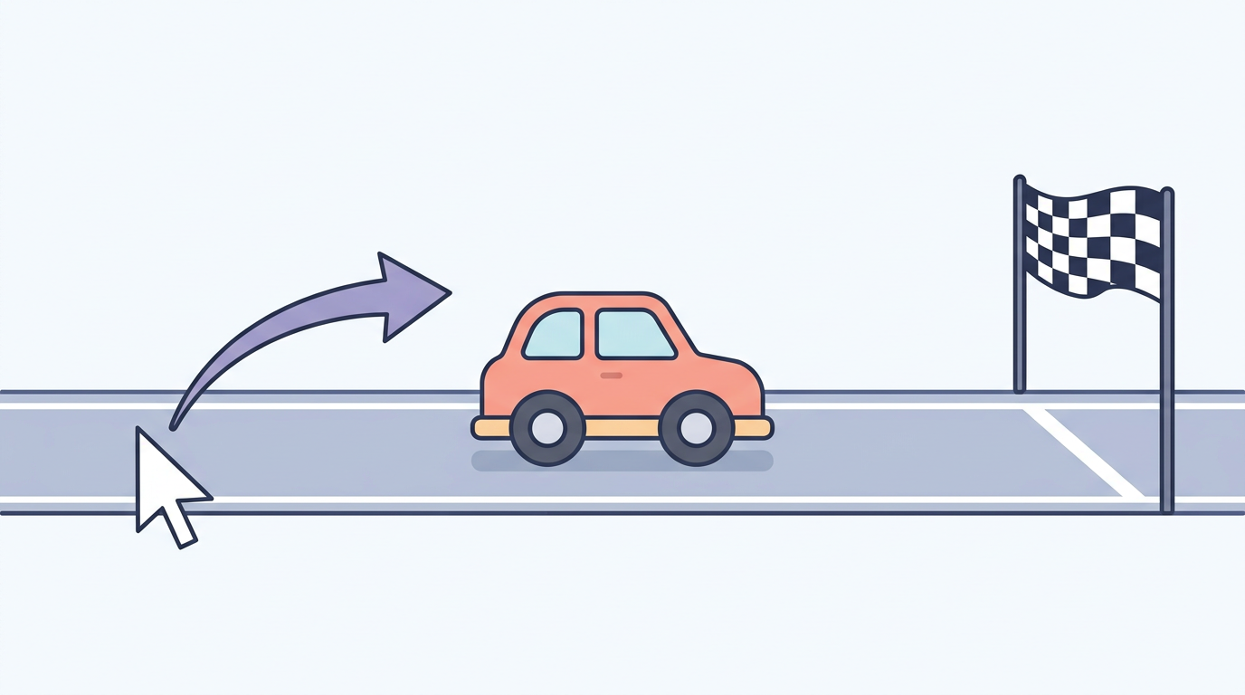 マウスをスワイプして車を動かし、フラグへ近づける様子（イメージ）